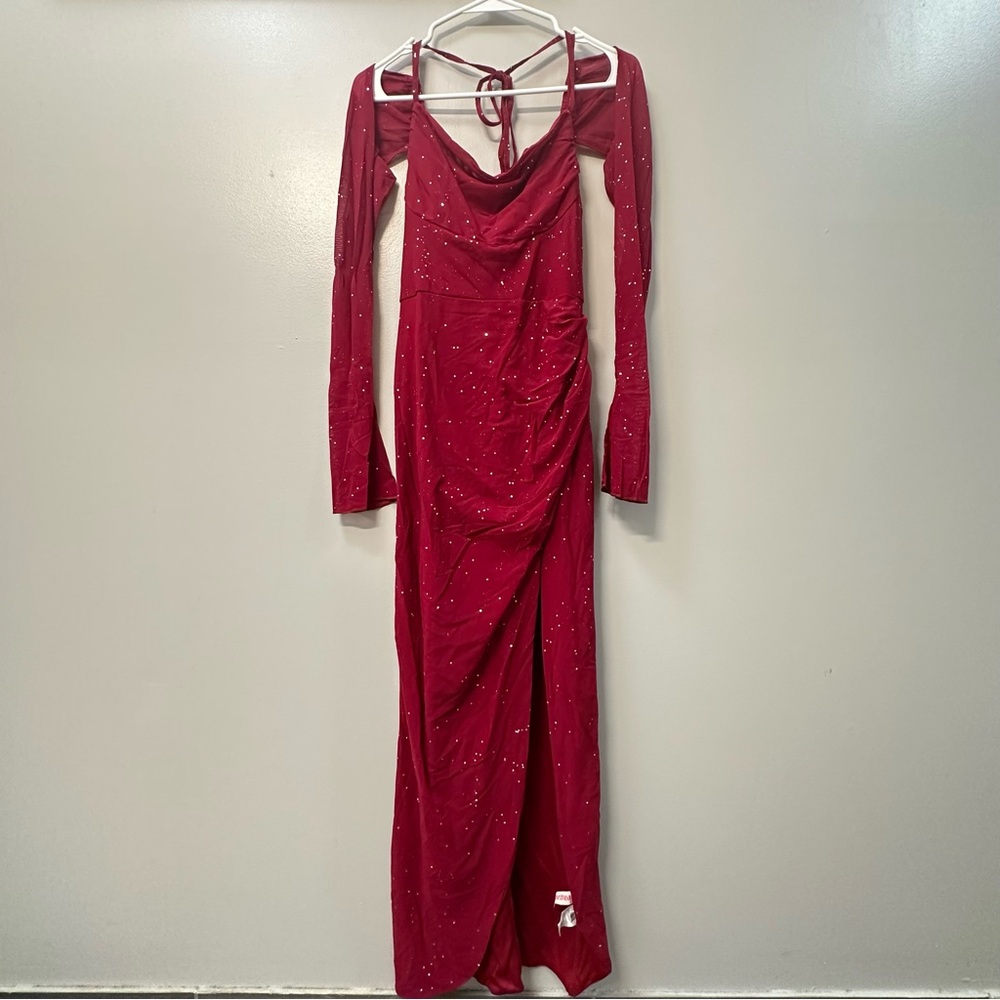 Chic Long Sleeve Red Dress with Sparkle Detail